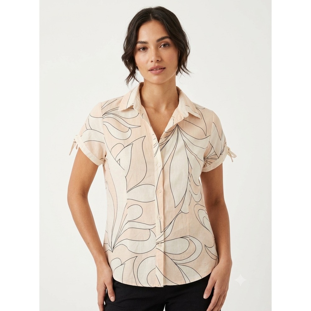 Island Company Button Up Linen Shirt Womens S Beige Abstract Floral Short-Sleeve